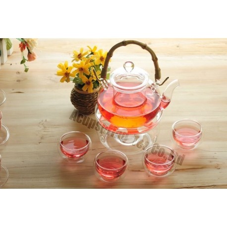 600ml Glass teapot+4 Cup+Warmer,Bamboo Handle, B034D, Free Shipping